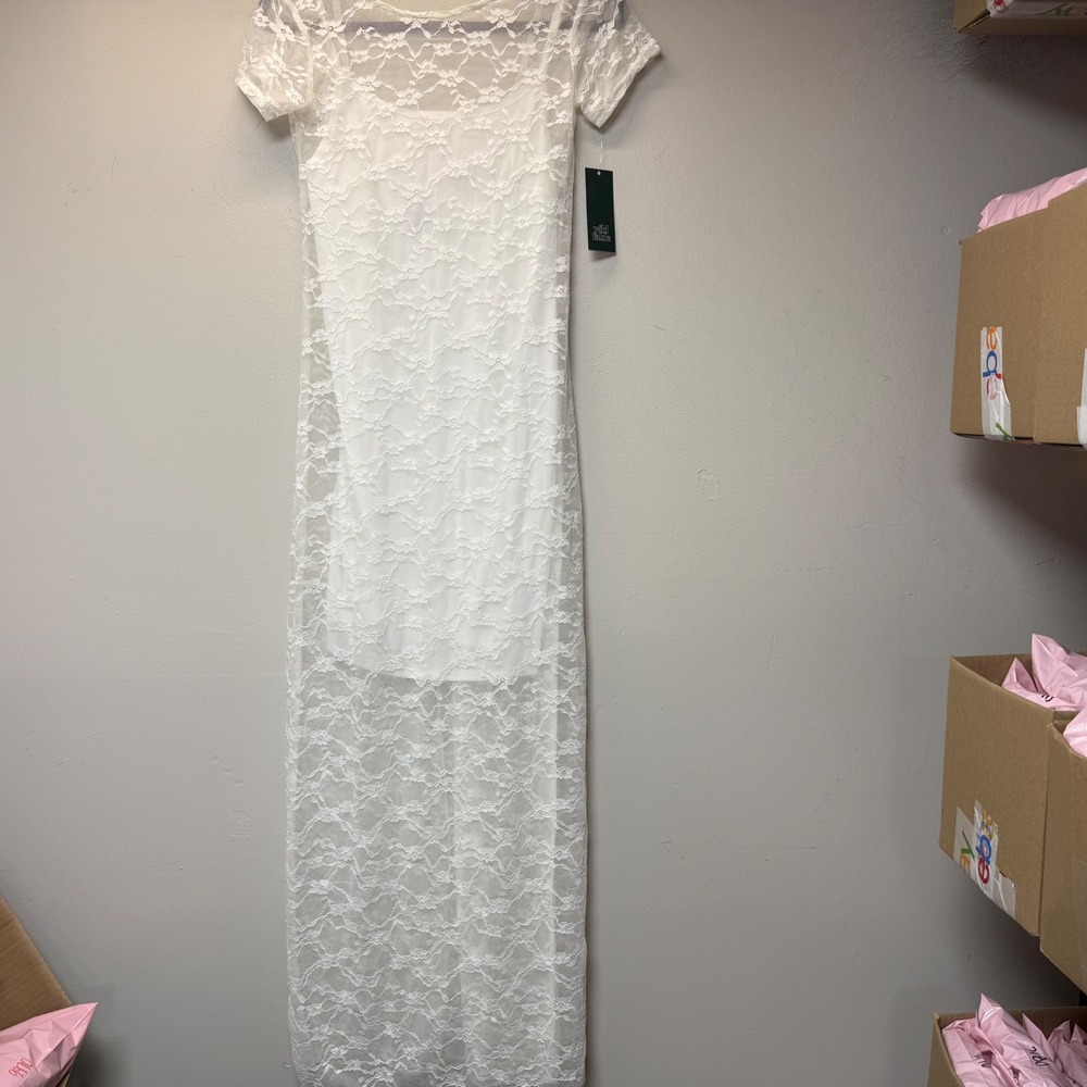 Wild Fable Maxi Dress Women‎ XS Off White NEW Floral Lace Sheer Overlay TARD1986